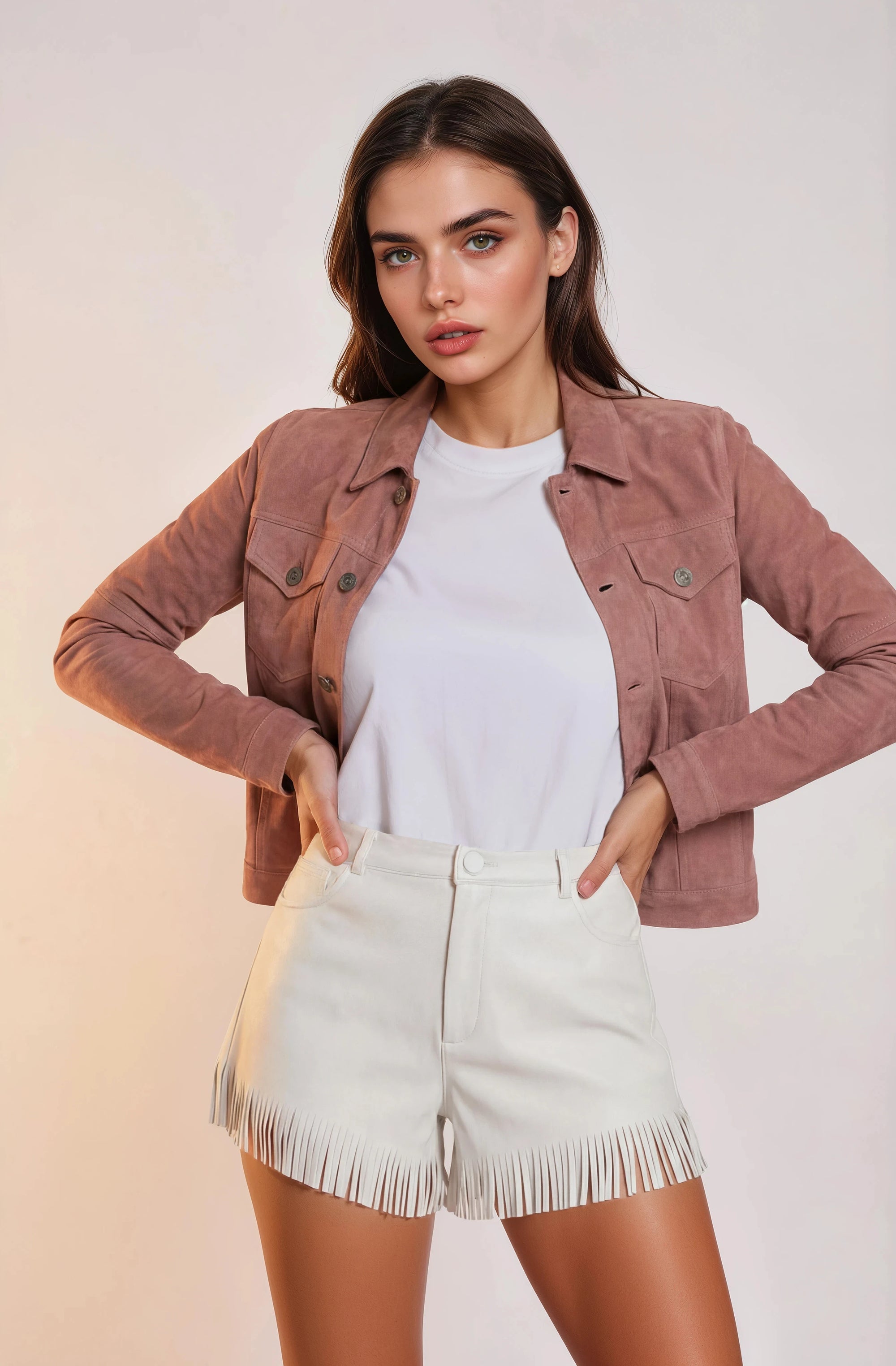 Western cowgirl woman wearing a blossom pink goat suede trucker jean jacket