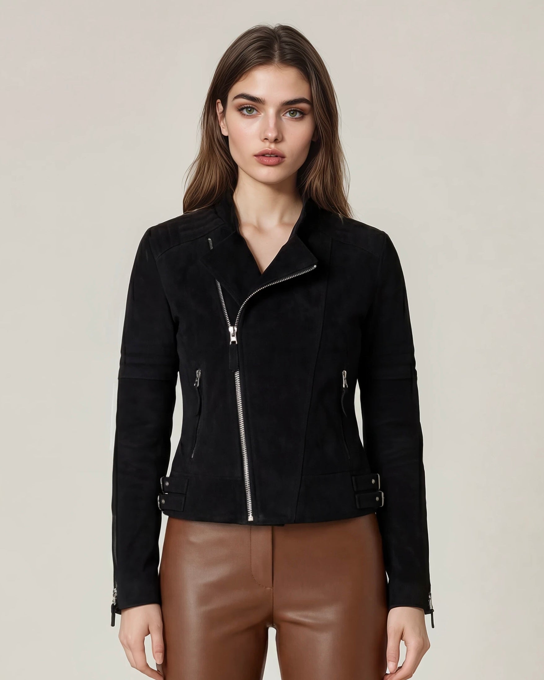 Man wearing a jet black goat suede biker jacket 