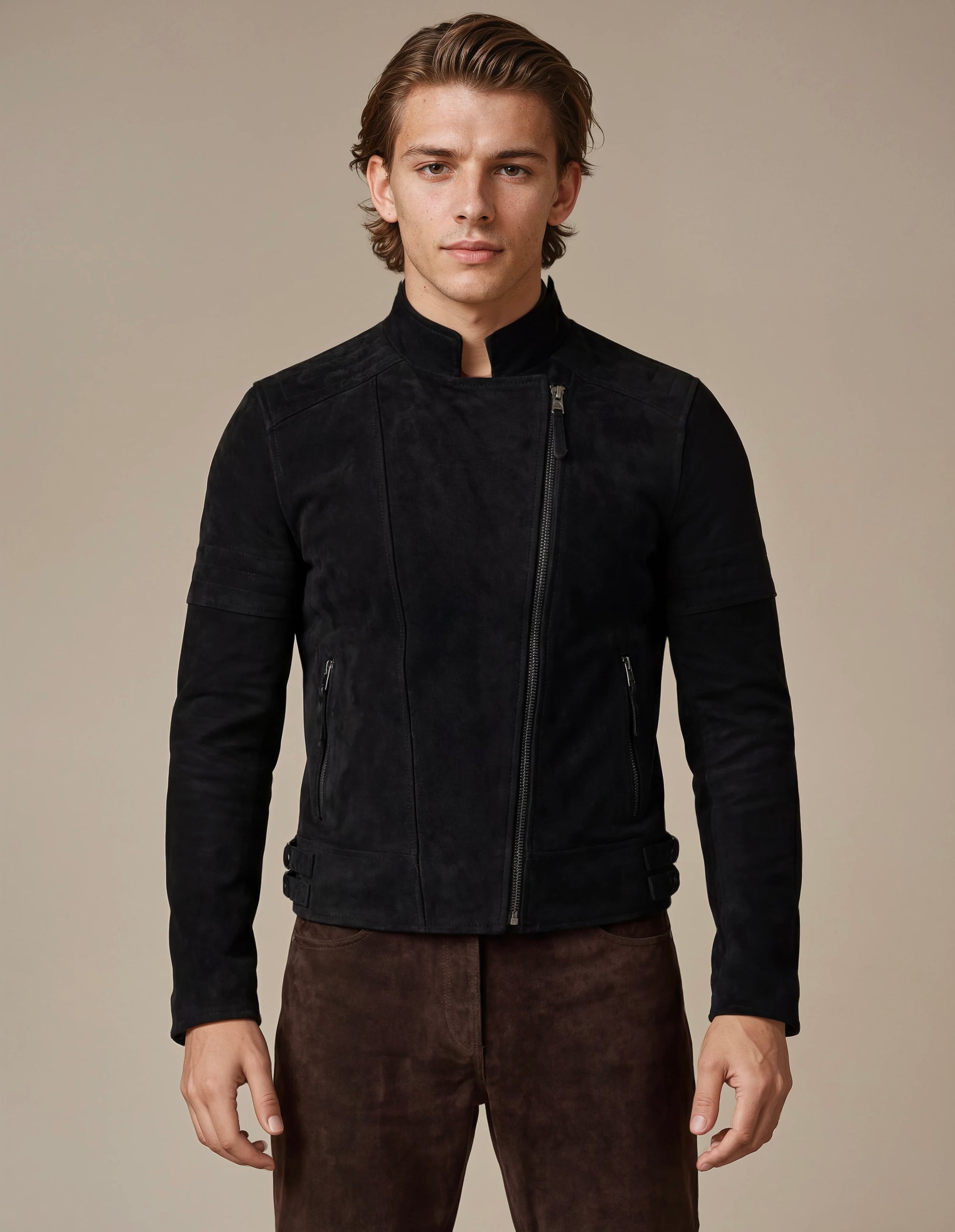 Man wearing a jet black goat suede biker jacket 