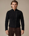 Man wearing a jet black goat suede biker jacket 