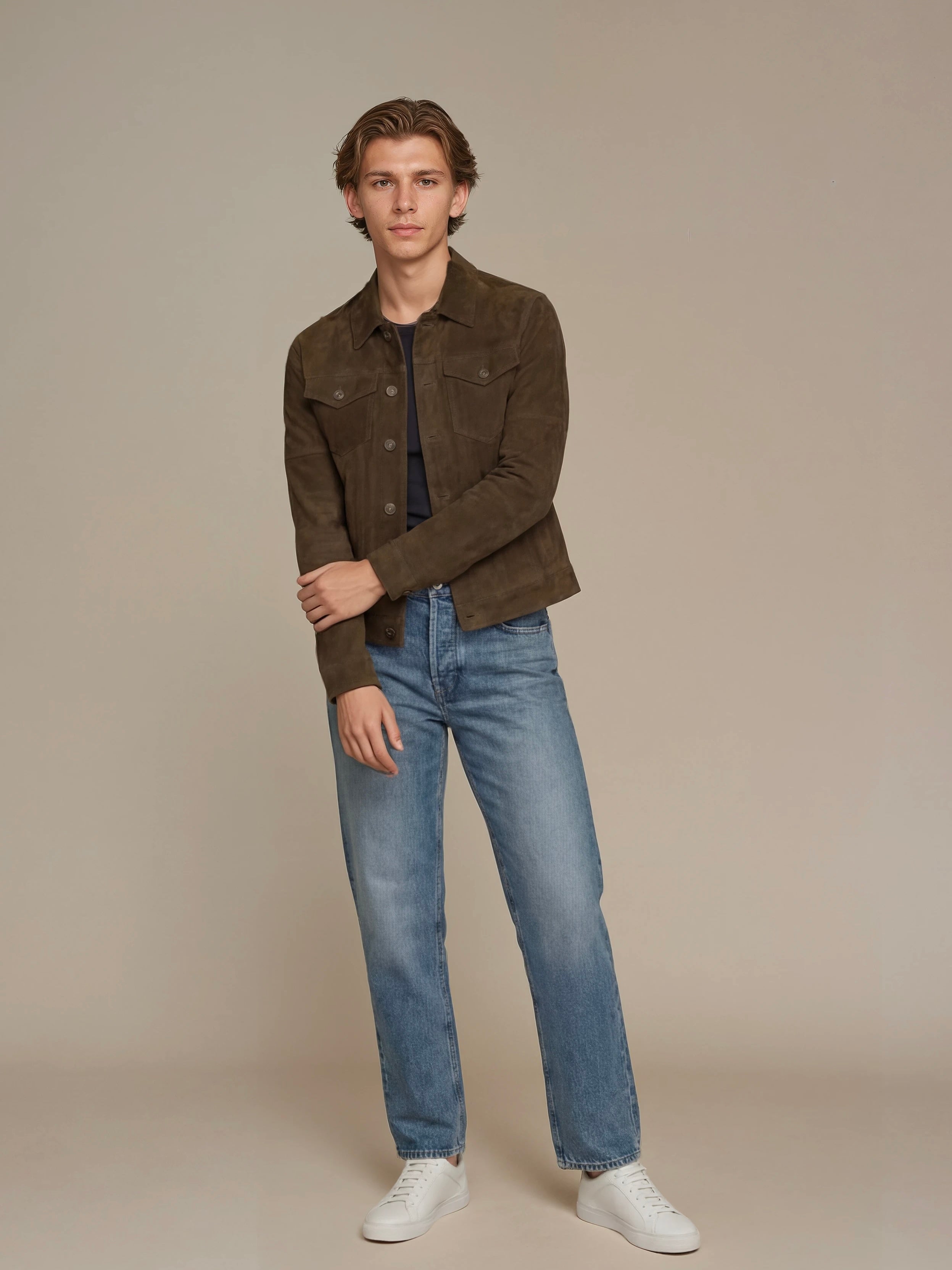 Mens brown Suede Trucker Jacket - 100% Goatskin | ALLSUEDE