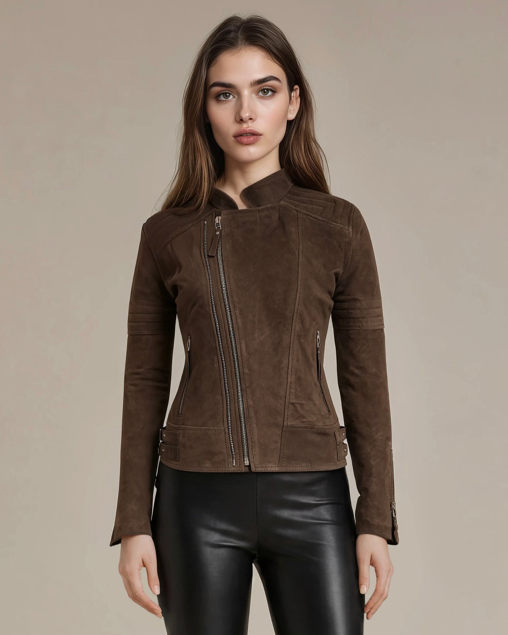 Woman wearing a dark brown goat suede biker jacket 