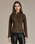 Woman wearing a dark brown goat suede biker jacket 