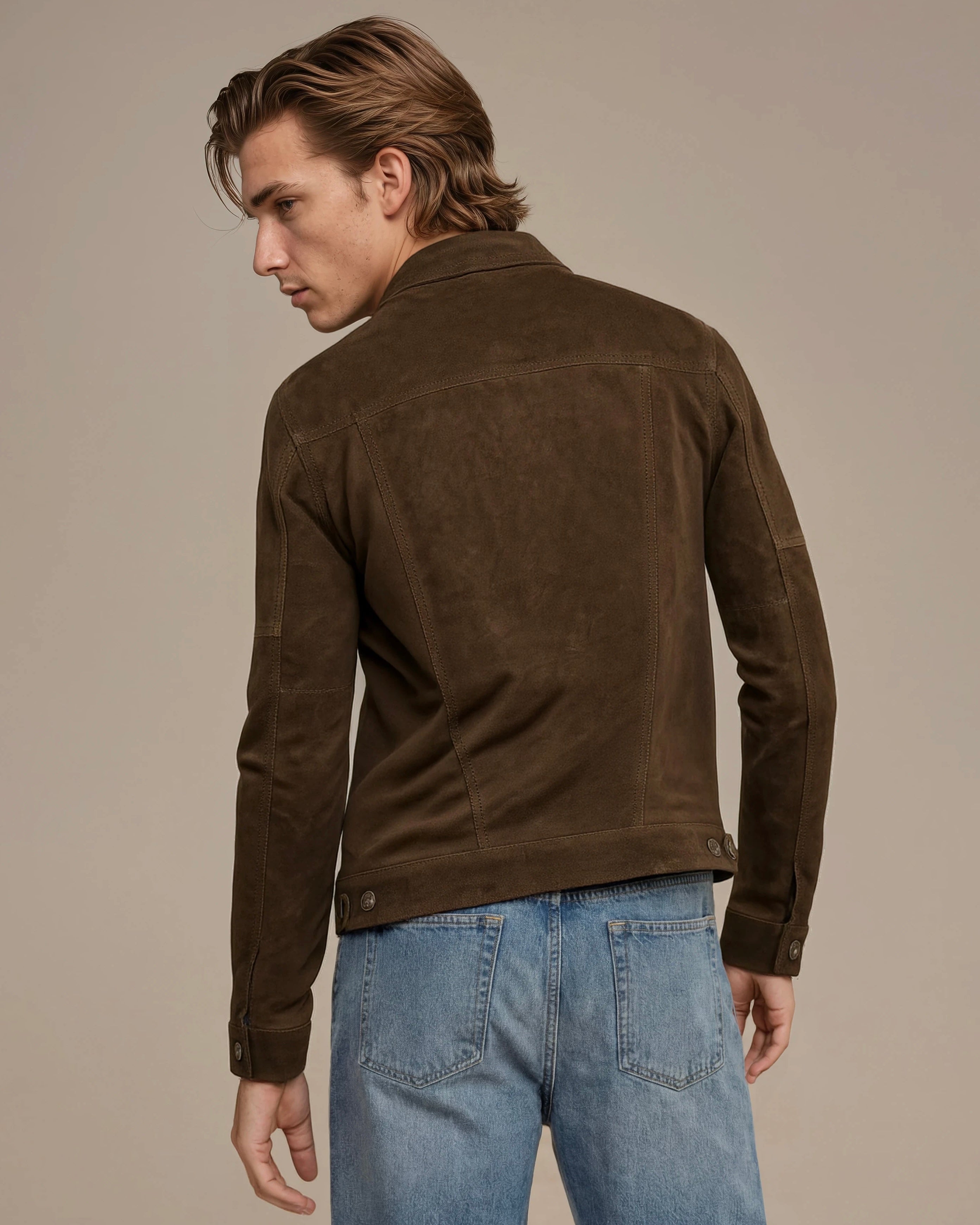 Mens brown Suede Trucker Jacket - 100% Goatskin | ALLSUEDE