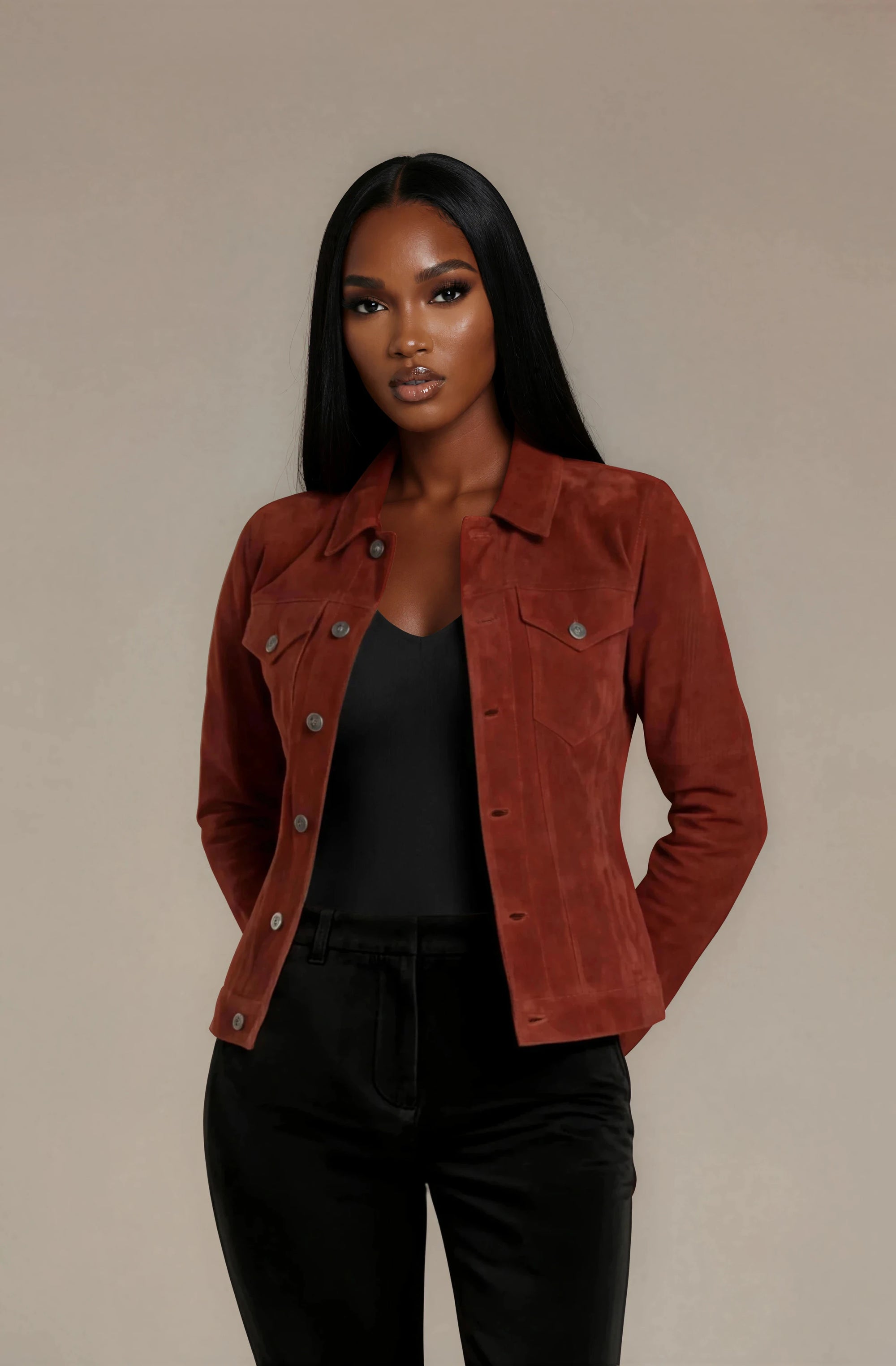 Woman wearing a crimson red goat suede trucker jacket