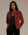 Woman wearing a crimson red goat suede trucker jacket