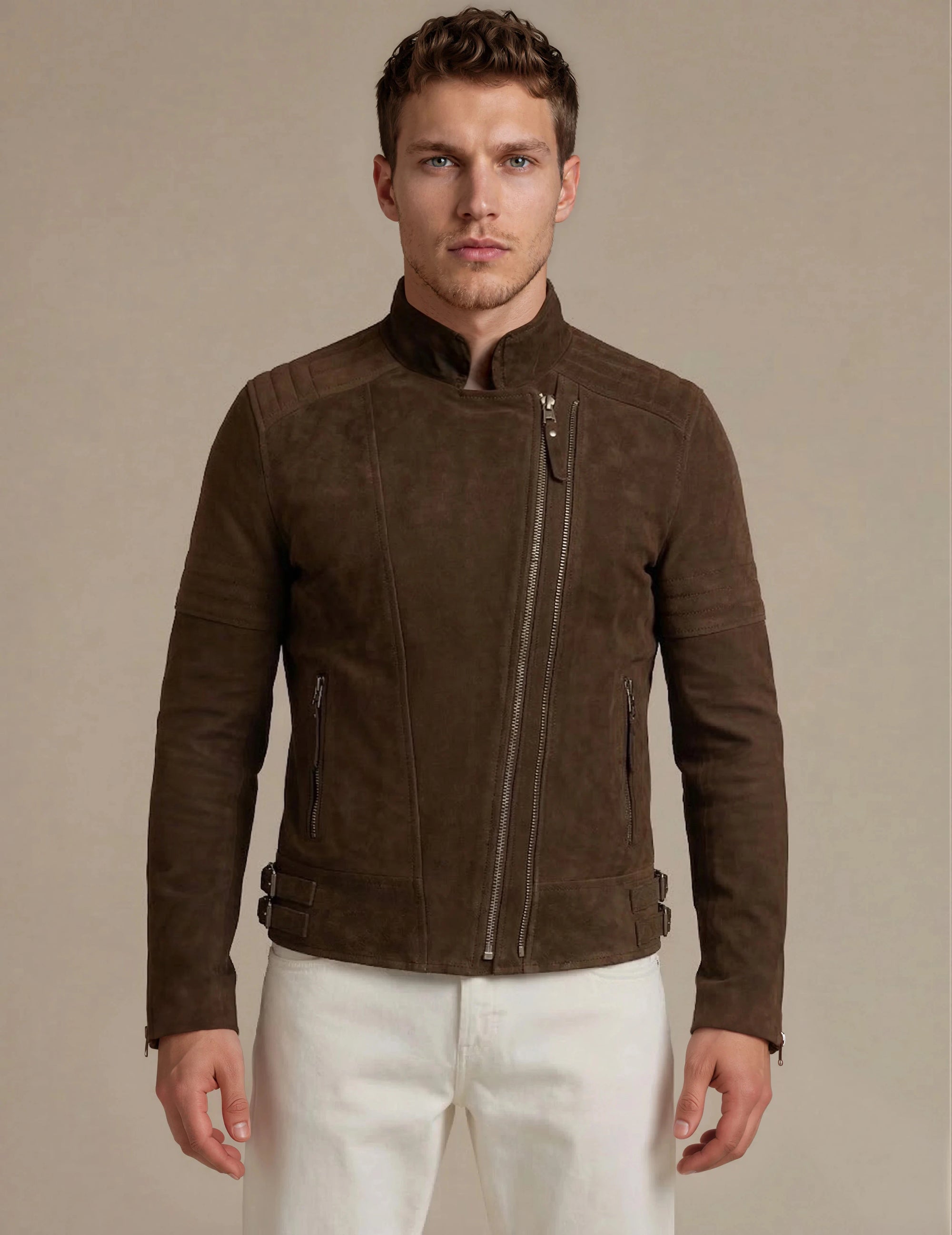 Man wearing a dark brown goat suede biker jacket
