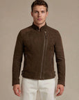 Man wearing a dark brown goat suede biker jacket